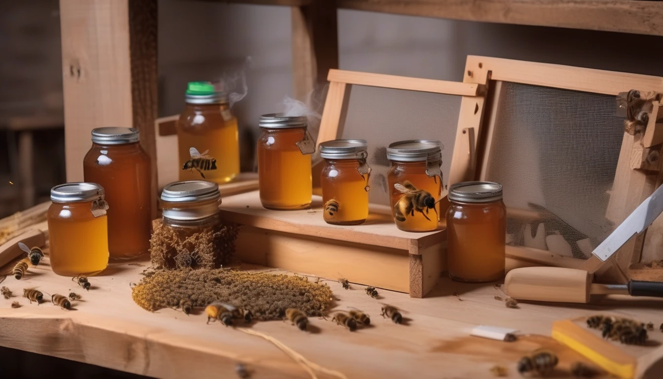 Beekeeping equipment display with smoker, hive tool, and frames