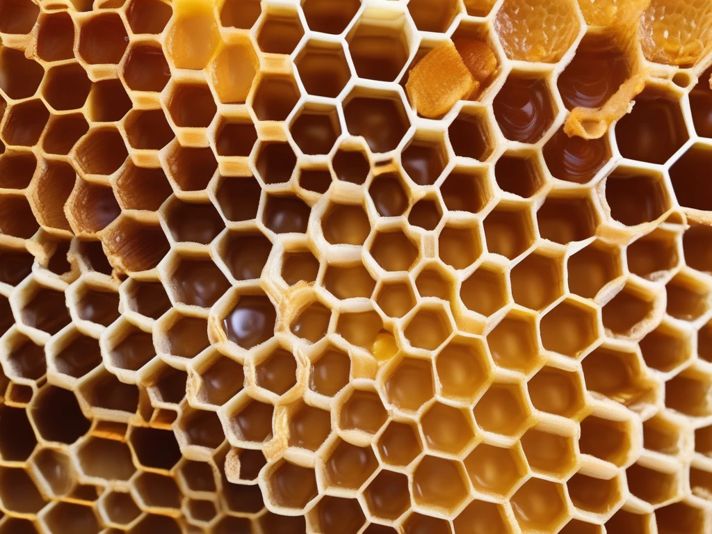 Hexagonal honeycomb cells filled with golden honey
