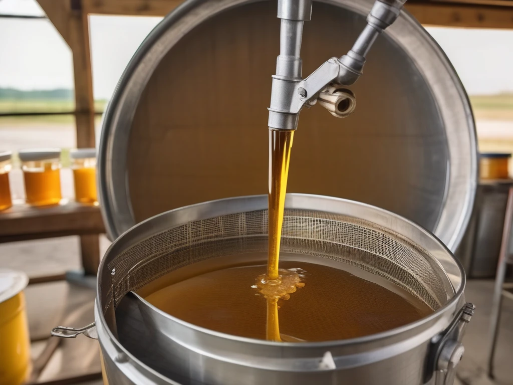 Honey extractor centrifuge with golden honey flowing
