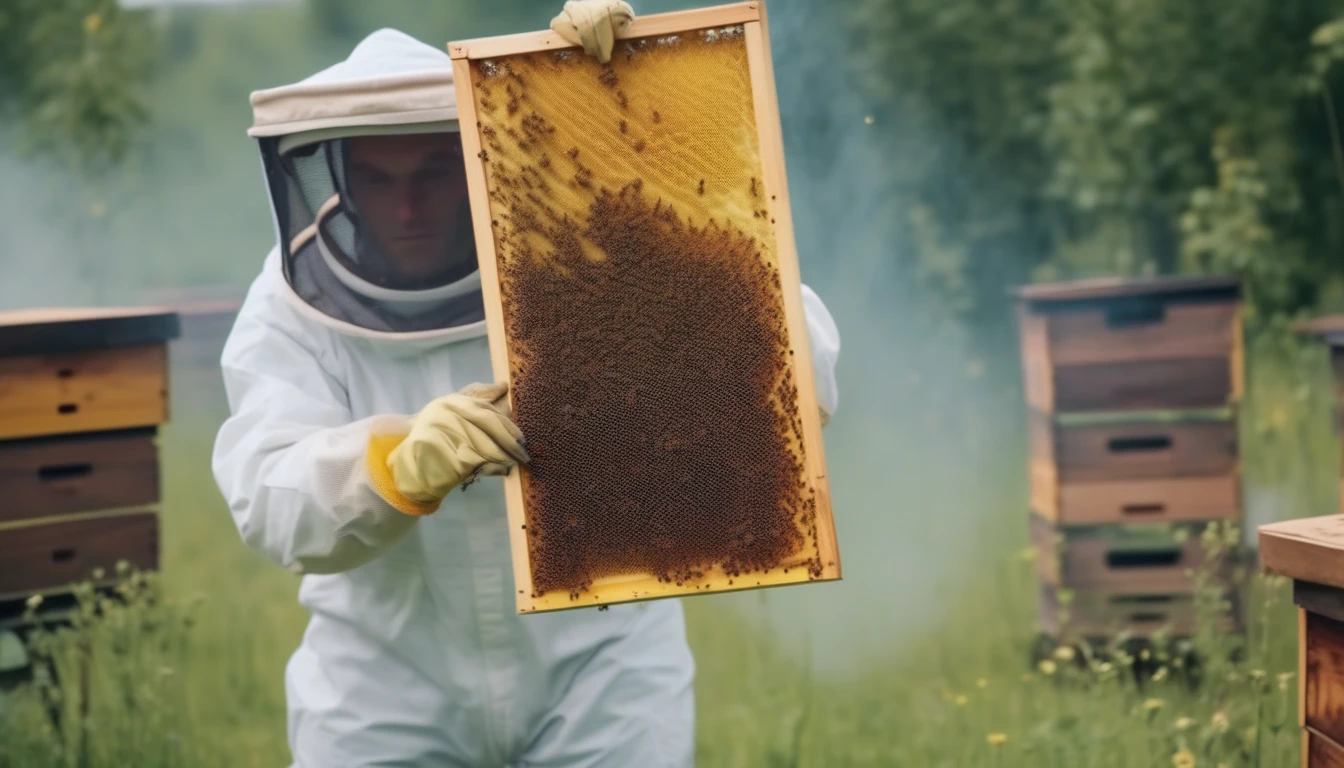 Beekeeper lifting golden honeycomb frame from beehive