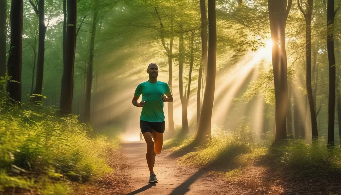 Active person jogging through sun-dappled forest trail