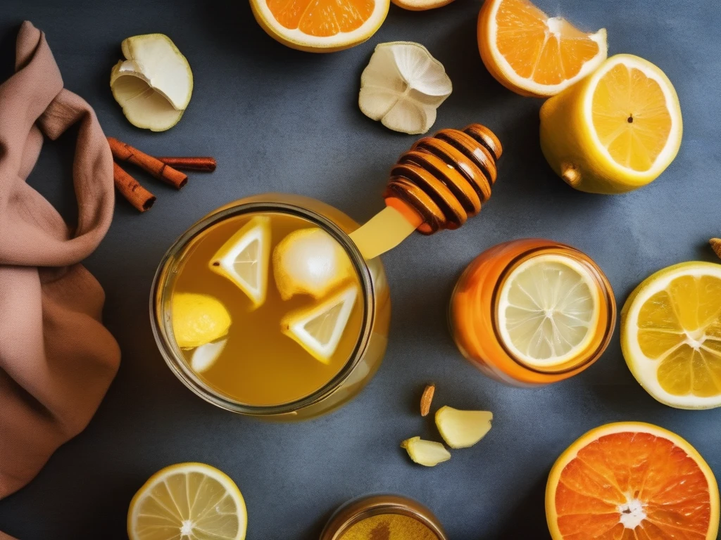 Immune-supporting drink with honey, ginger, turmeric, lemon