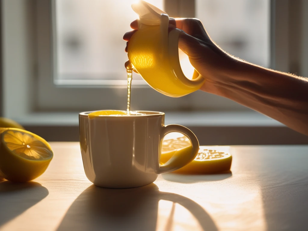Hands holding warm mug of honey lemon water by window