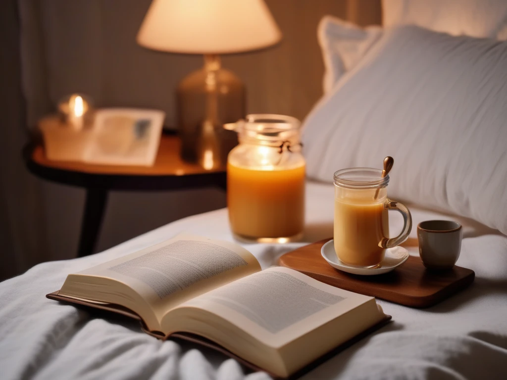 Golden honey milk on bedside table with book and lamp