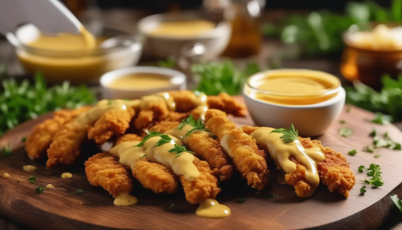 Crispy chicken tenders being dipped into honey mustard