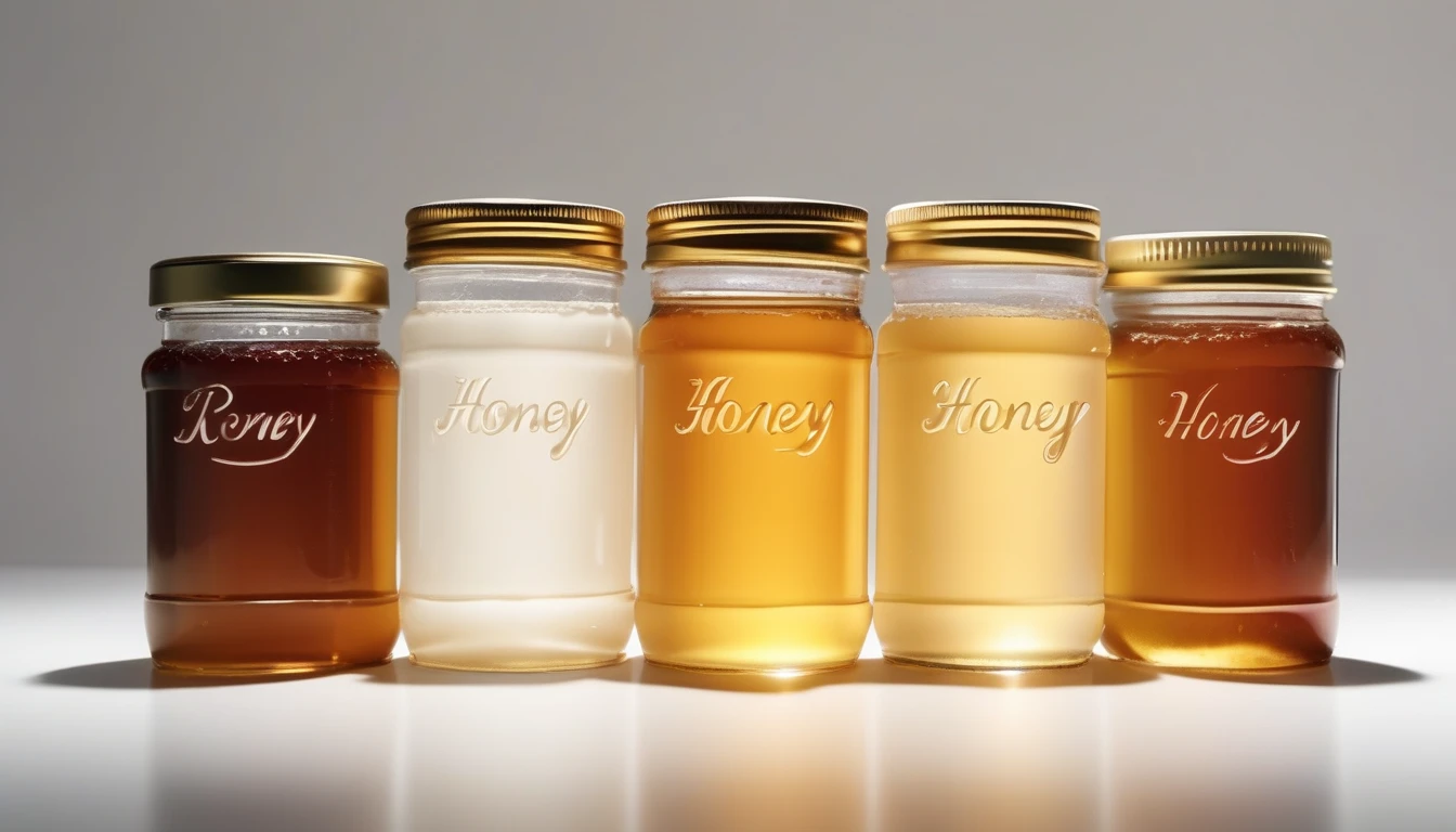 Honey jars showing color gradient from light gold to dark amber