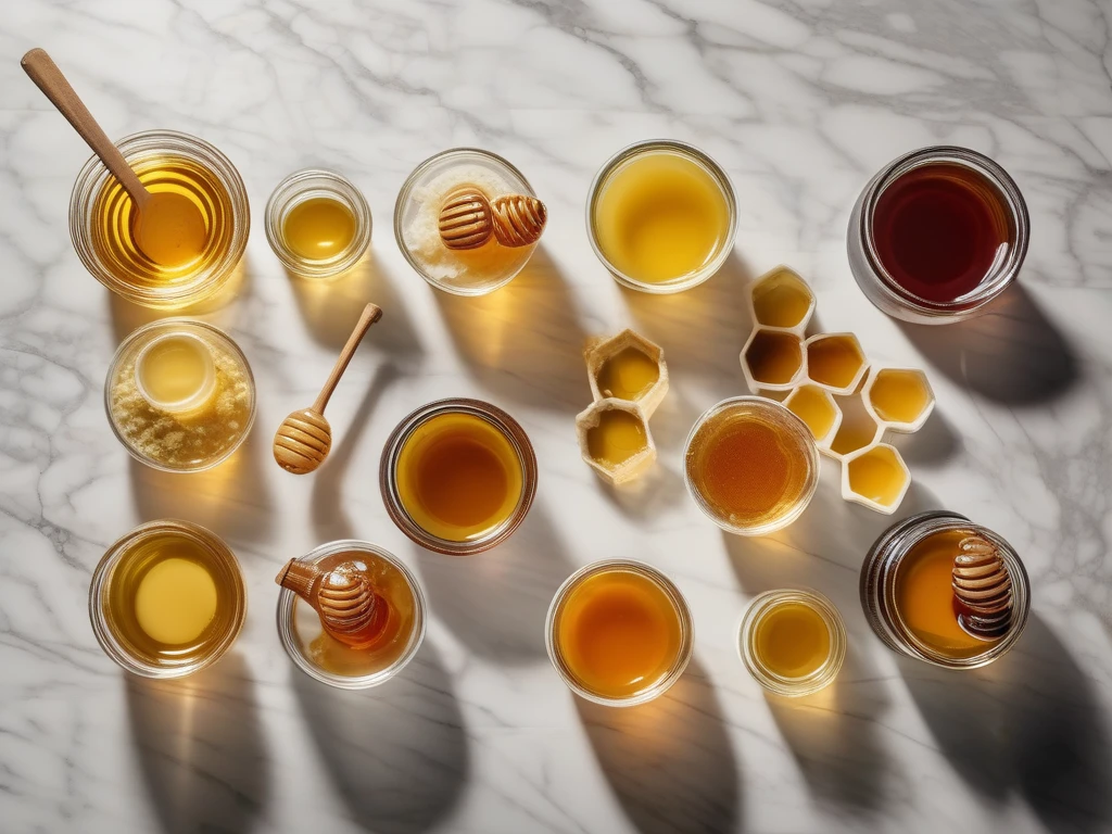 Different honey varieties in glass bowls showing range of colors