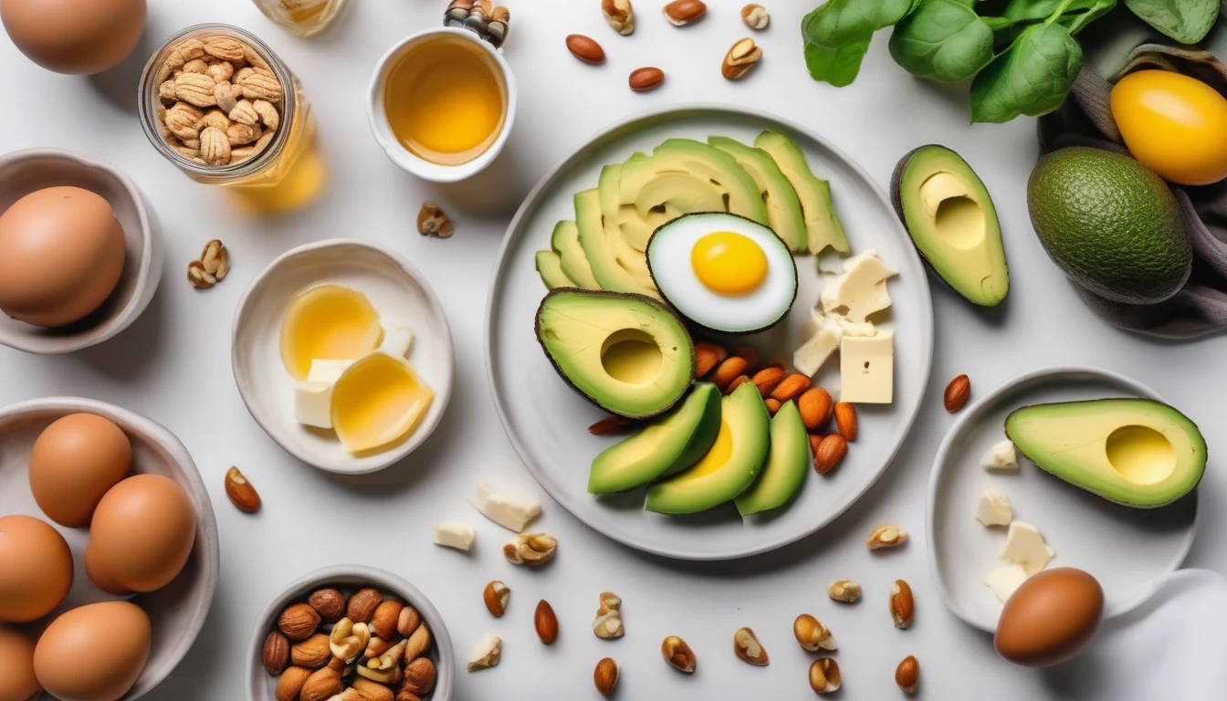 Small portion of honey with keto-friendly foods including avocado and nuts