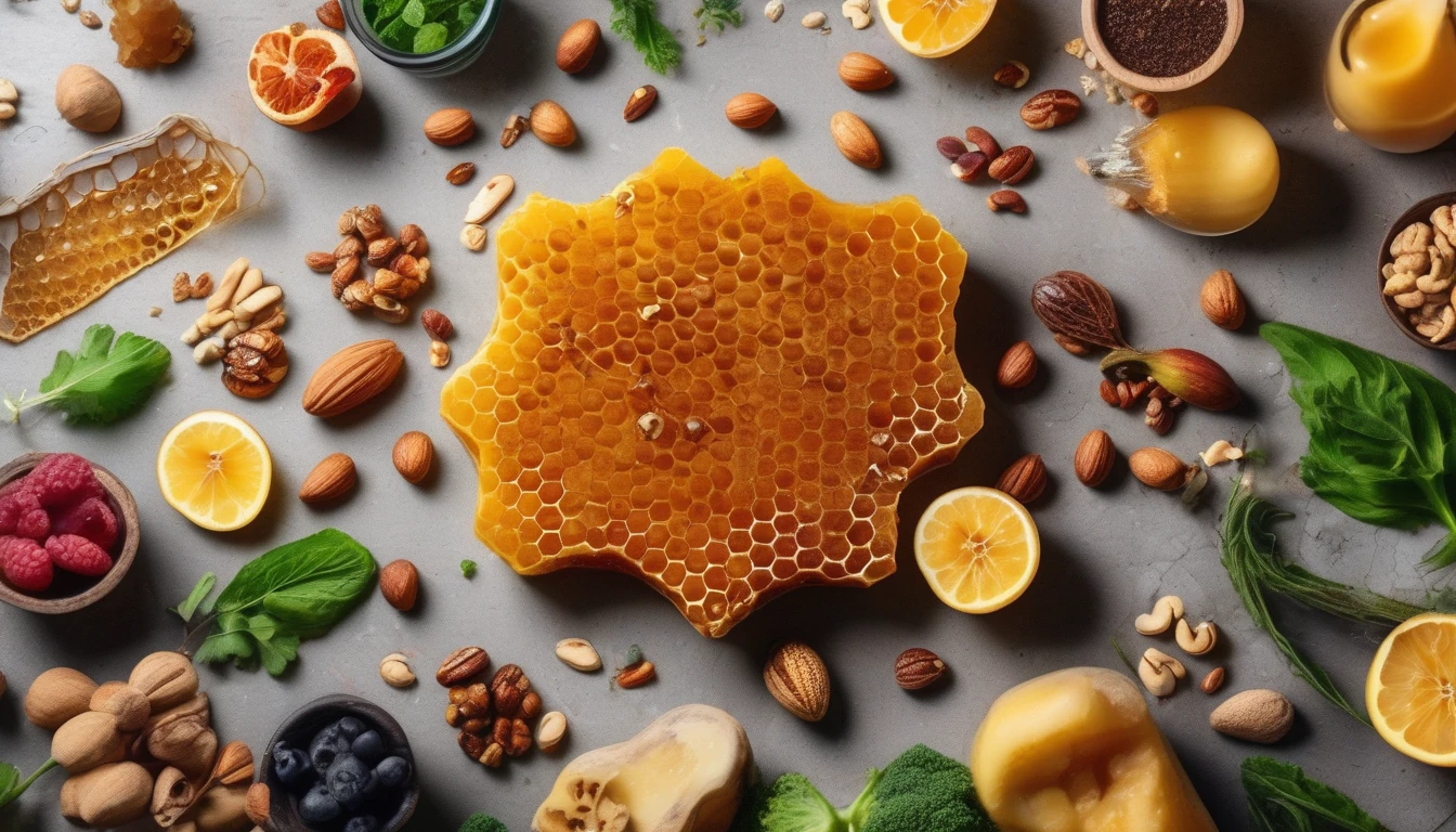Raw honeycomb with paleo diet foods including fruits, nuts, and lean meats