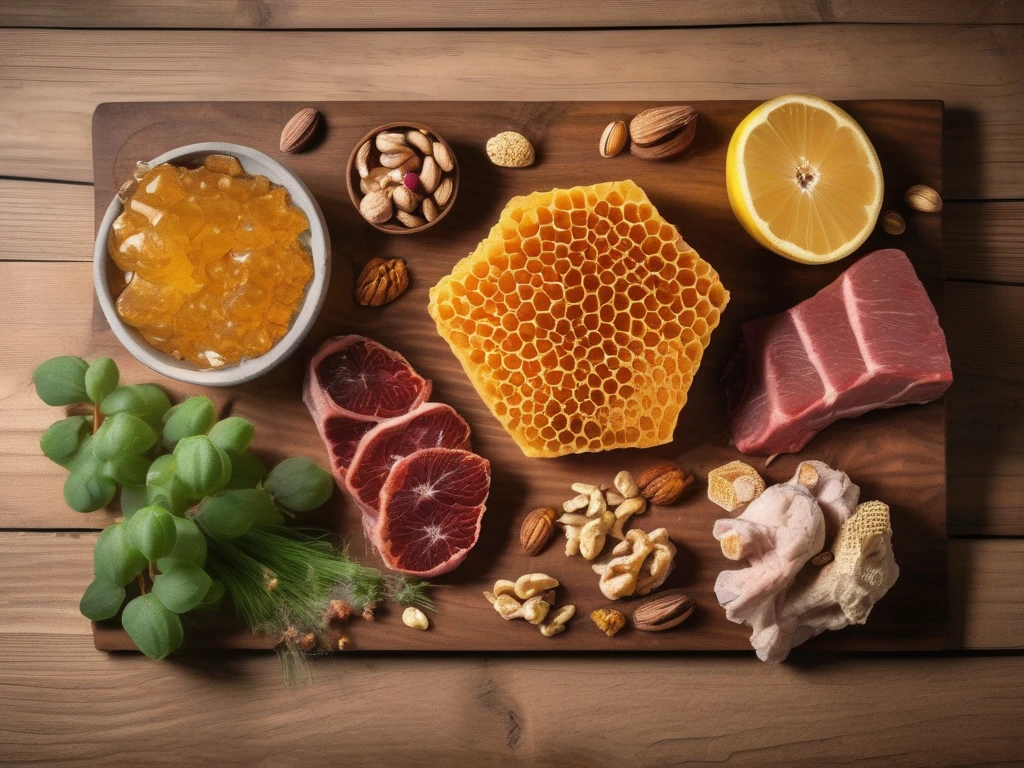 Spread of unprocessed natural foods with raw honeycomb on wooden board