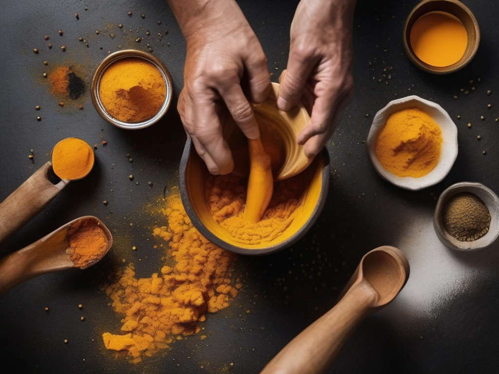 Hands mixing turmeric paste with honey in mortar and pestle