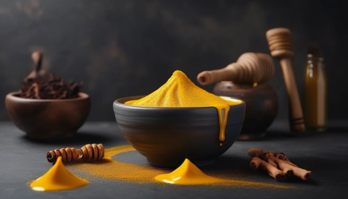 Vibrant golden turmeric milk with honey in ceramic bowl
