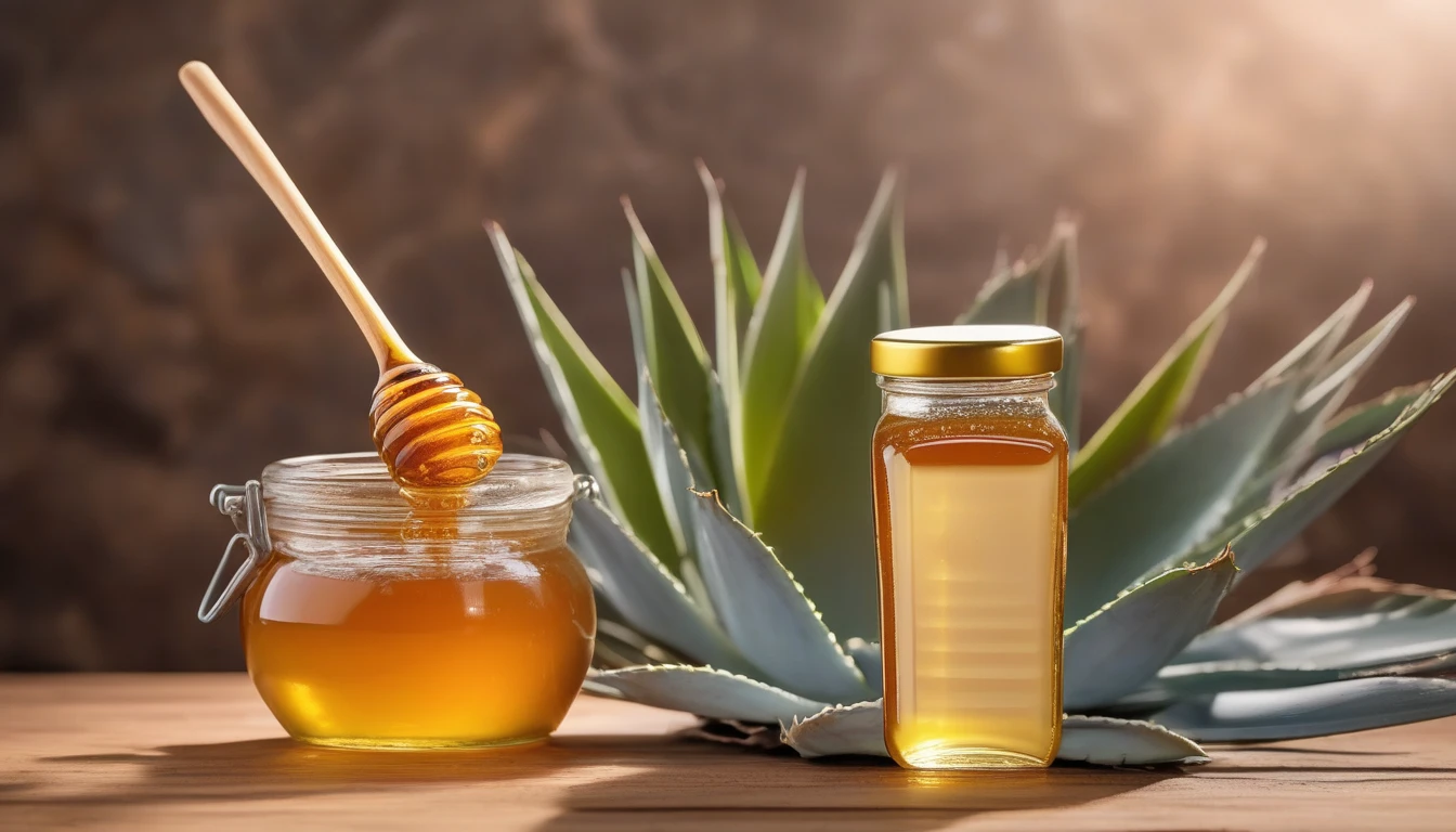 Raw honey jar next to agave nectar with agave plant