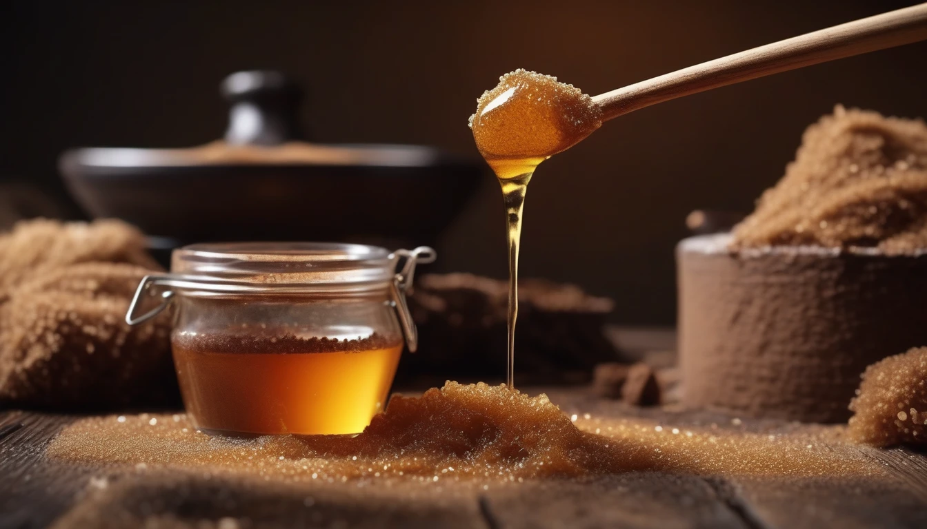 Honey flowing alongside mound of dark brown sugar