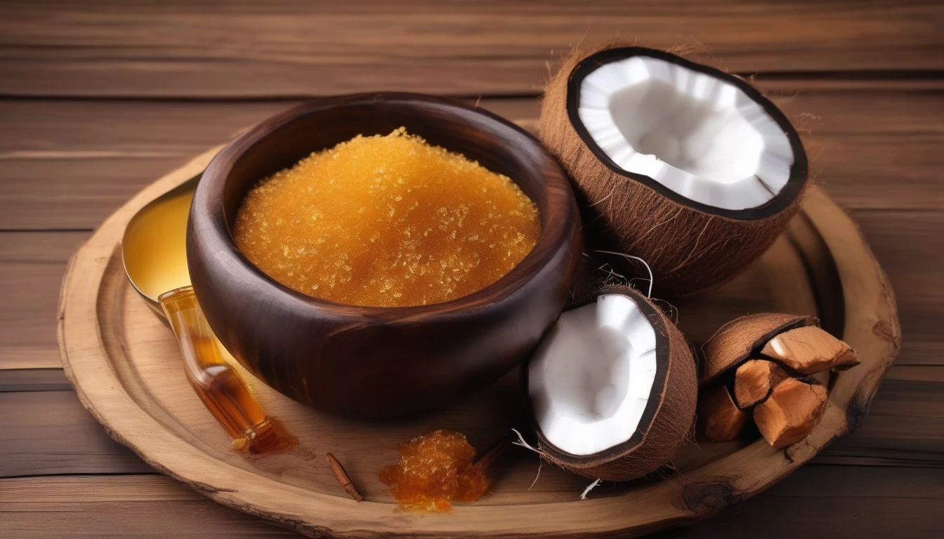 Golden honey next to coconut sugar with coconut halves