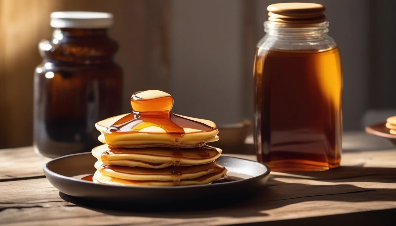 Golden honey and dark maple syrup side by side on breakfast table