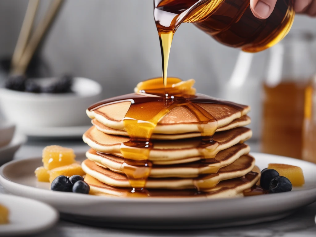 Two pancake stacks drizzled with honey and maple syrup