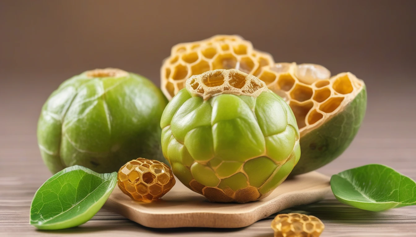 Monk fruit cut in half next to golden honeycomb