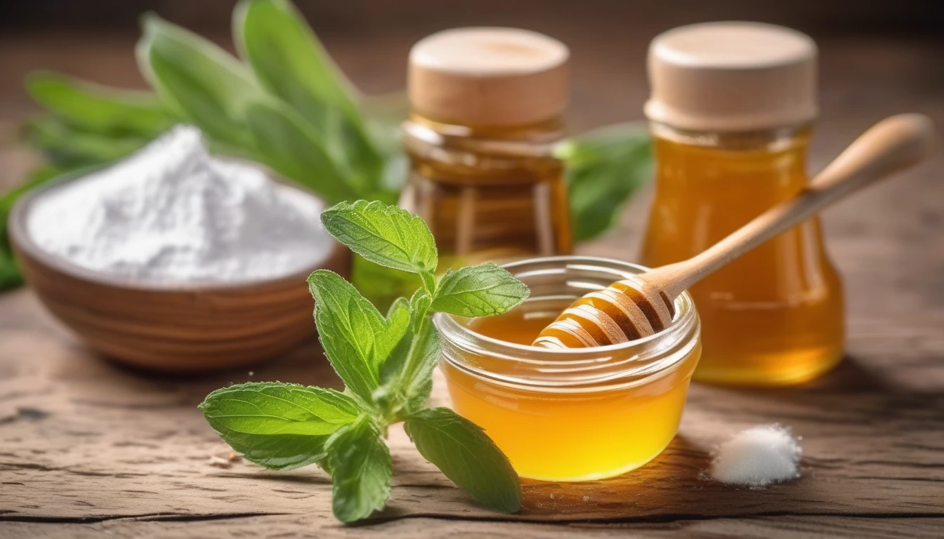 Golden honey alongside green stevia plant and stevia powder