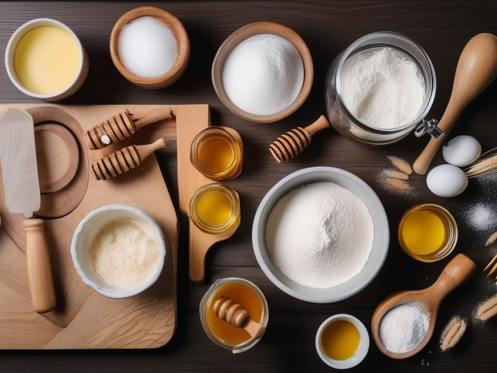 Baking ingredients with honey and sugar as alternatives