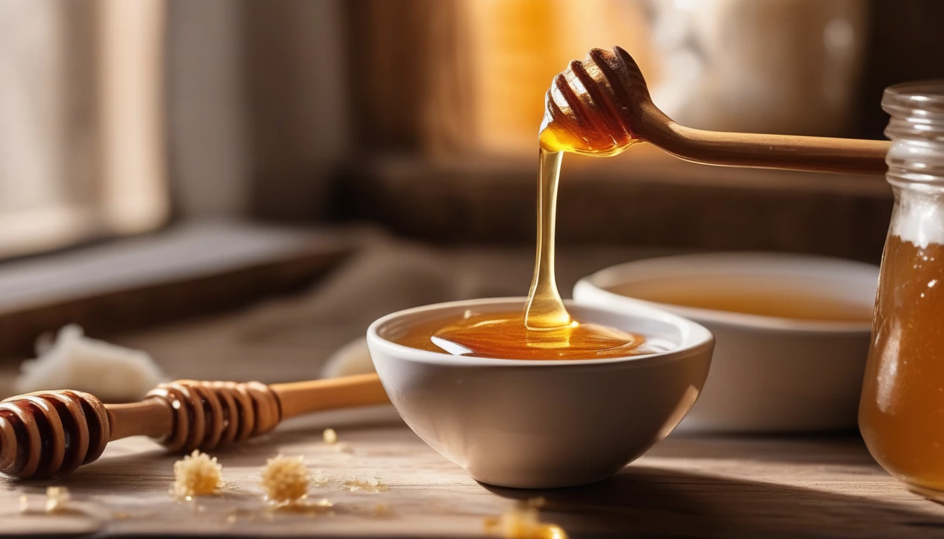 Side by side comparison of golden honey and white refined sugar