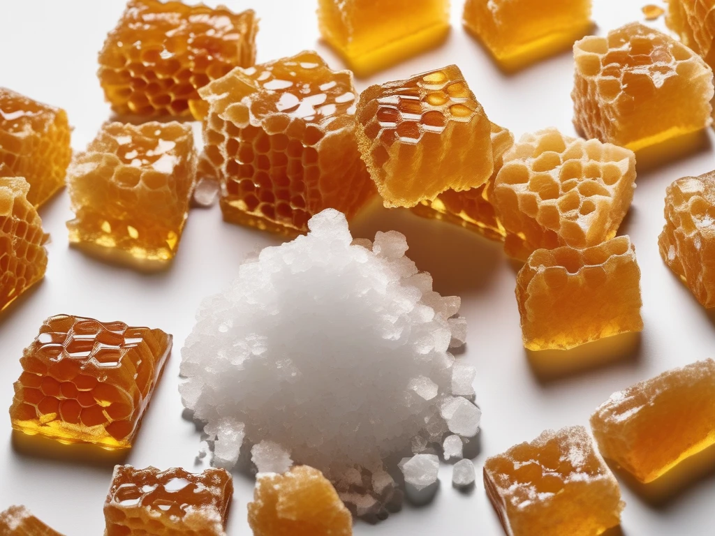 Raw honeycomb next to refined sugar crystals