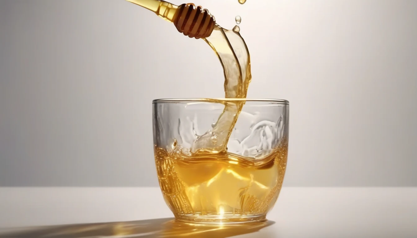 Crystal-clear honey water with golden honey dissolving