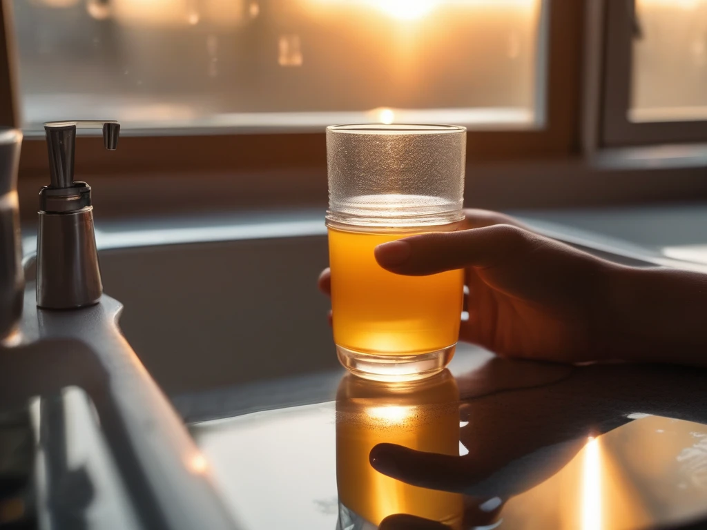 Person holding glass of warm honey water at sunrise