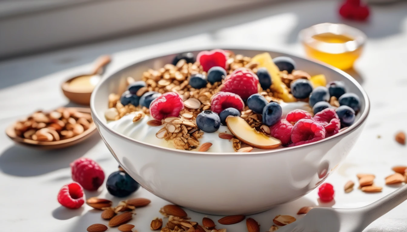 Healthy breakfast bowl with yogurt drizzled with golden honey
