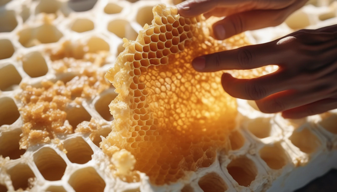 Hands breaking apart fresh honeycomb with honey oozing