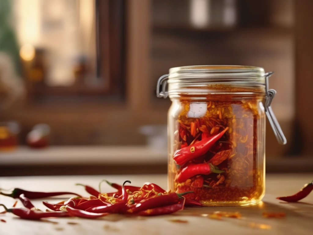 Chili peppers steeping in golden honey