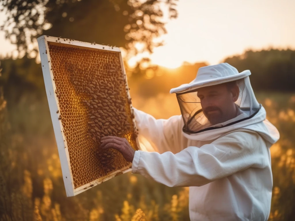 Beekeeper gently holding honeycomb frame at golden sunset