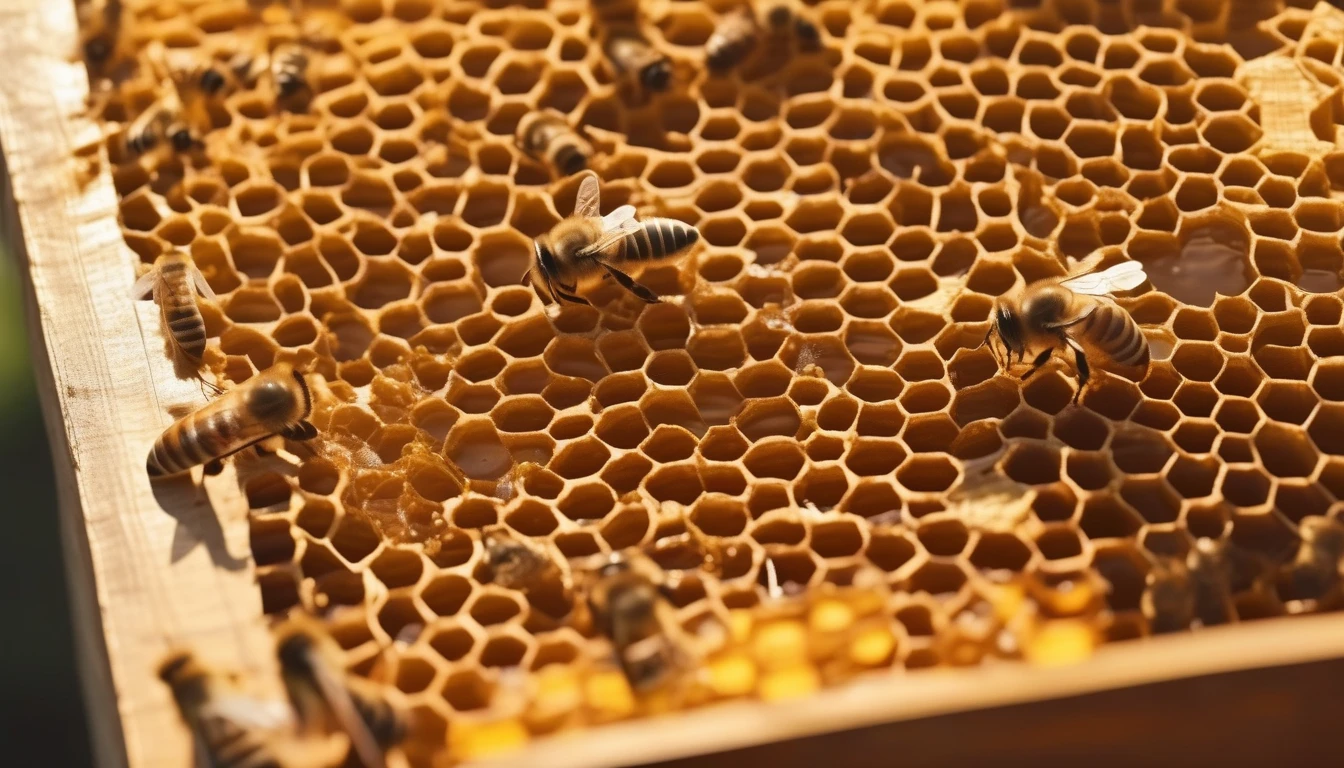 Honeybees working on golden honeycomb frame in sunlit beehive