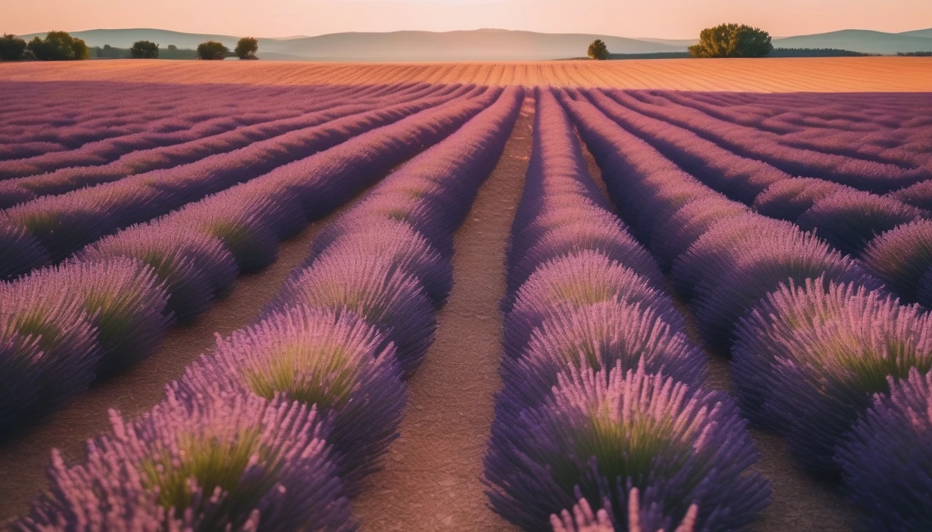 Purple lavender rows stretching to horizon in golden light