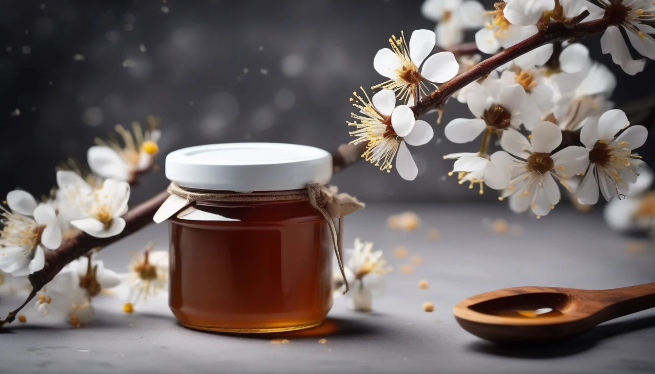 Premium dark manuka honey with manuka bush flowers
