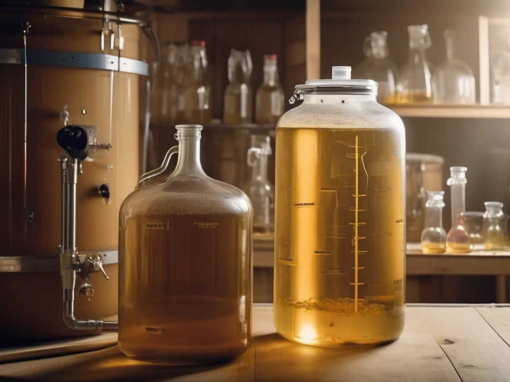 Glass carboy of fermenting mead with airlock bubbling