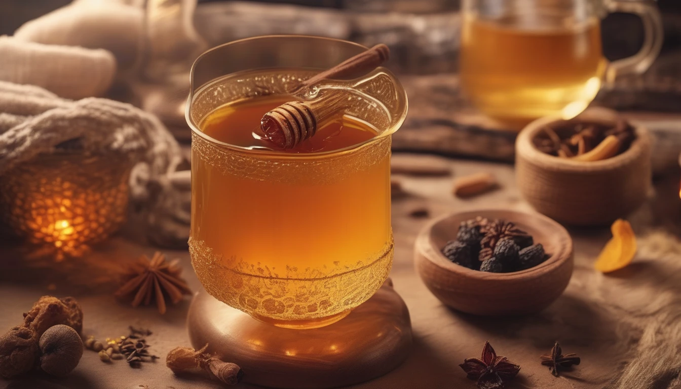 Golden mead in rustic glass with honey and spices