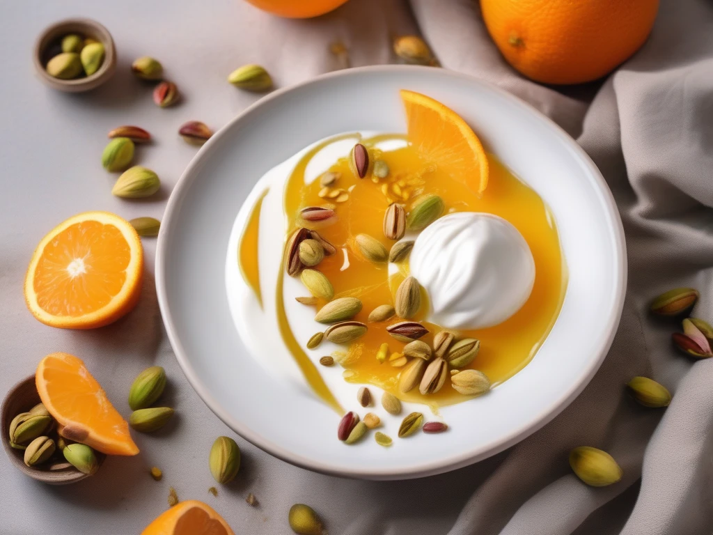 Orange blossom honey over yogurt with orange segments