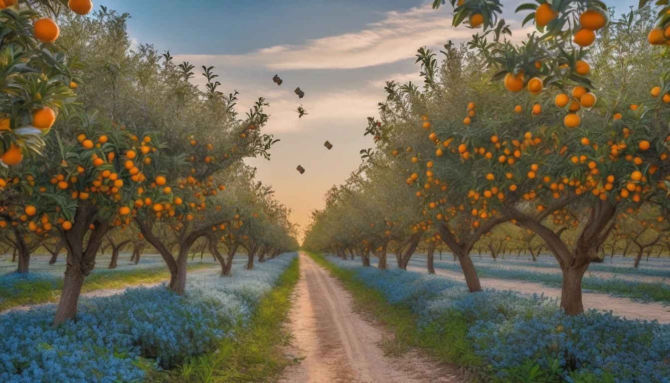 Florida orange grove with white blossoms and bees