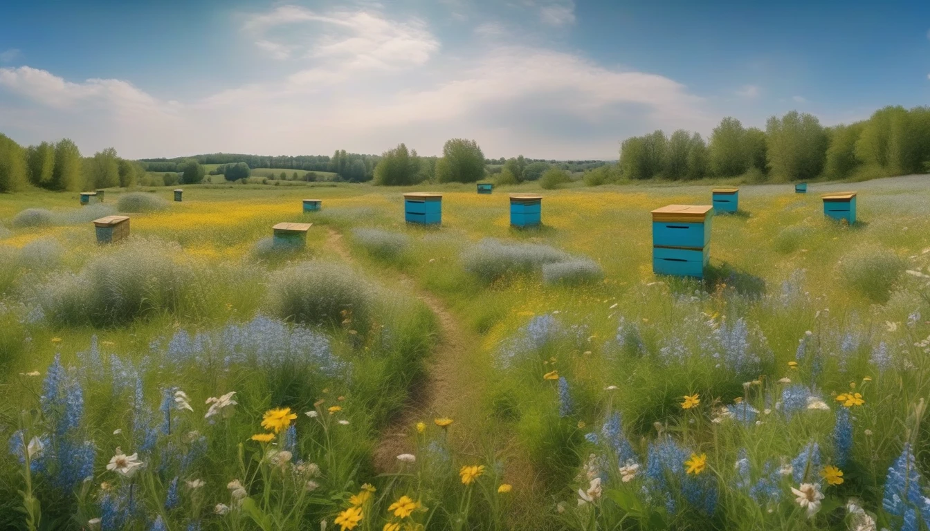 Pristine wildflower meadow with distant beehives