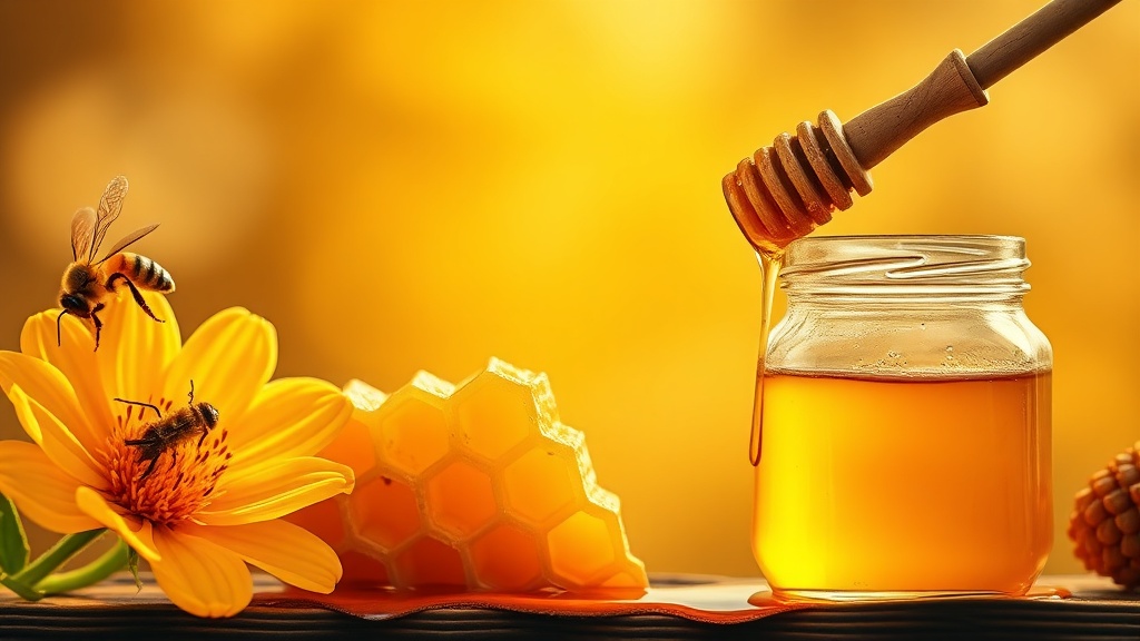 Journey of honey from bee on flower to honeycomb to jar