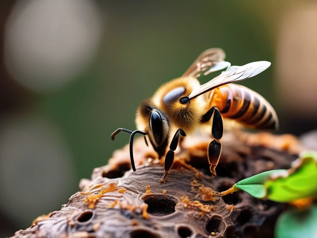 Honeybee collecting propolis resin from tree bud