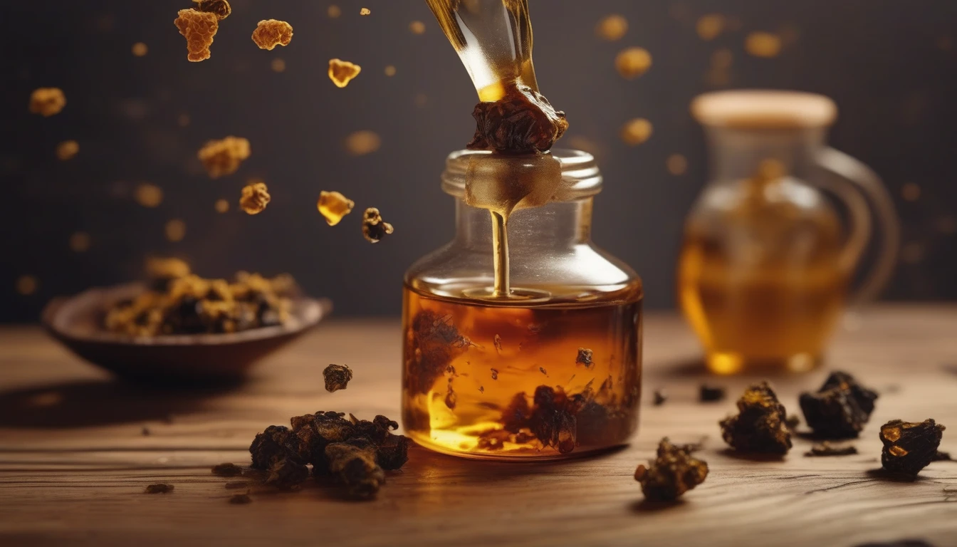 Dark amber propolis tincture drops falling into tea