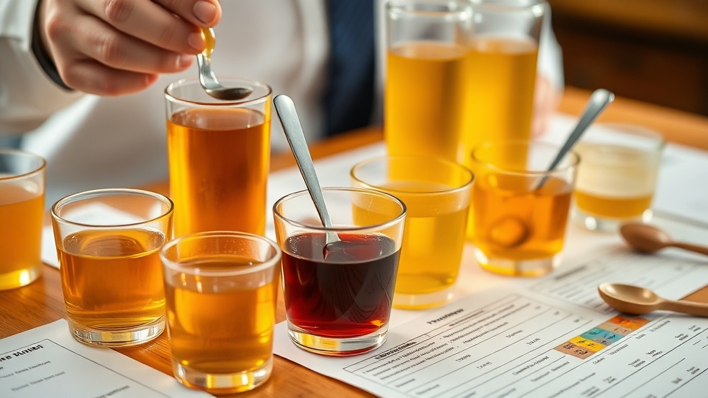Professional honey tasting and judging scene with multiple samples