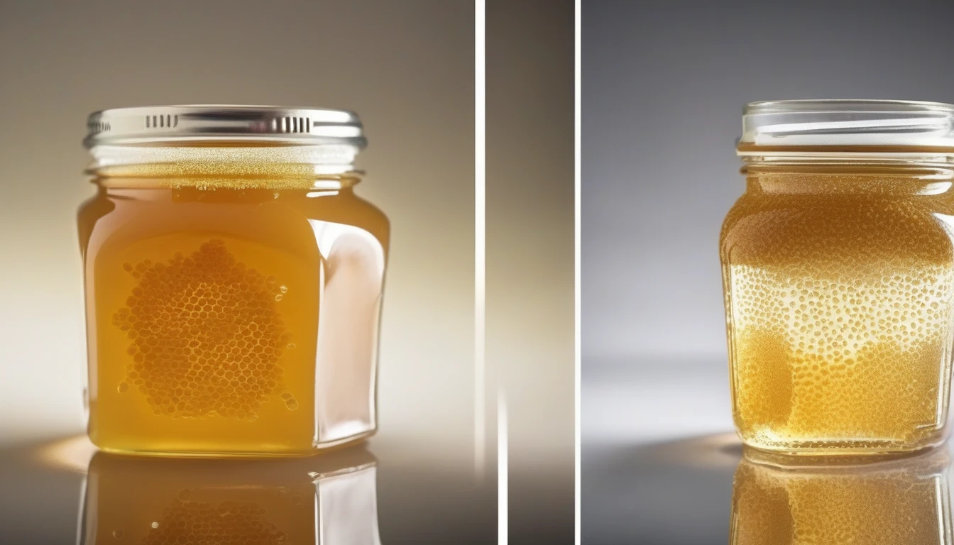 Cloudy raw honey next to crystal-clear processed honey