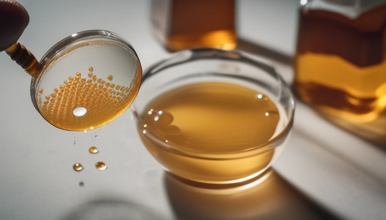 Magnifying glass examining honey purity with water test