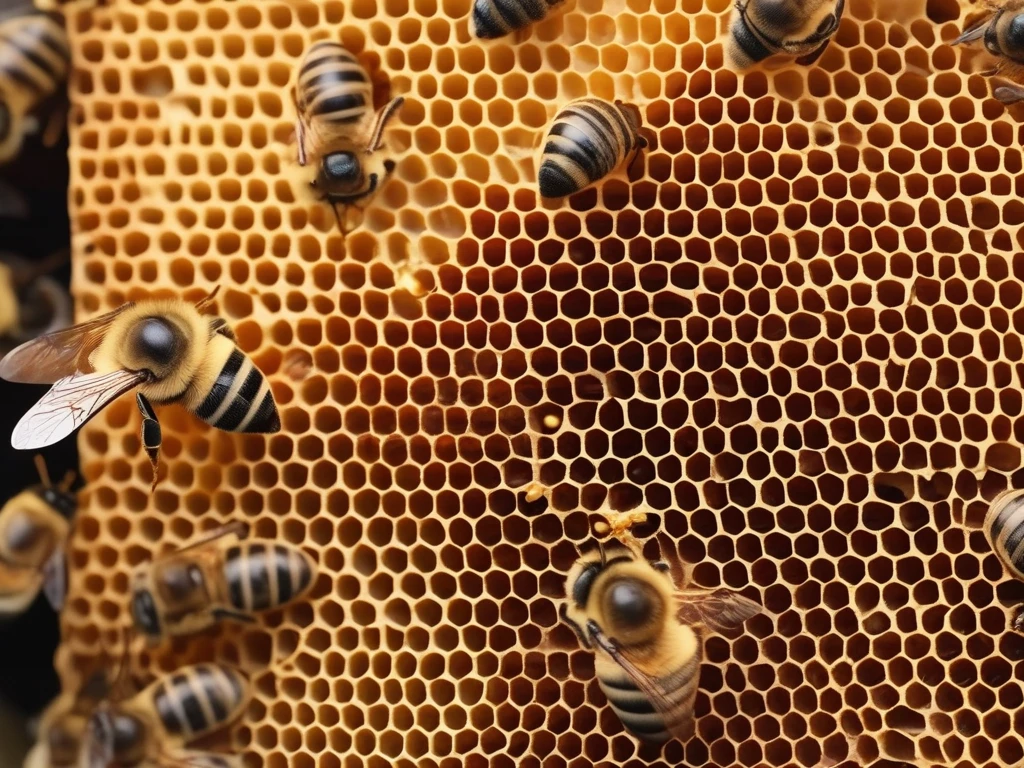 Queen bee on honeycomb surrounded by worker bees