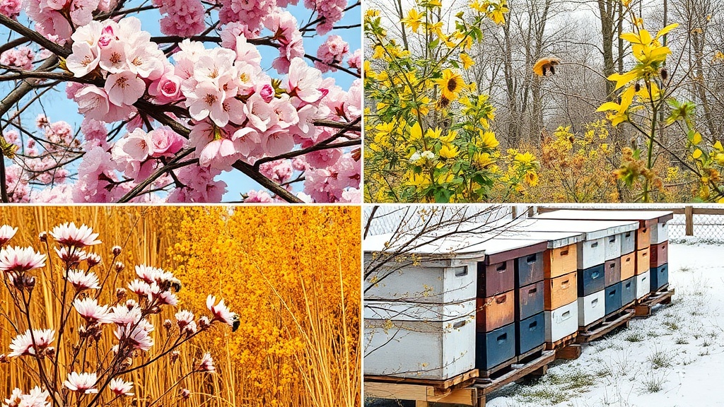 Four seasons of beekeeping showing spring blossoms, summer abundance, fall colors, and winter