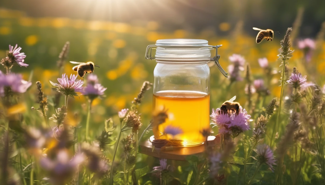 Spring flowers blooming with bees collecting pollen for local allergy honey