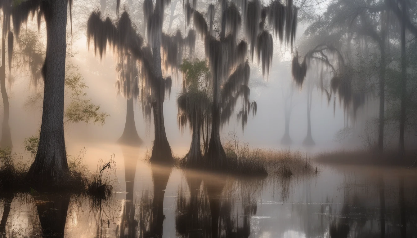 Misty tupelo swamp with white trees and Spanish moss